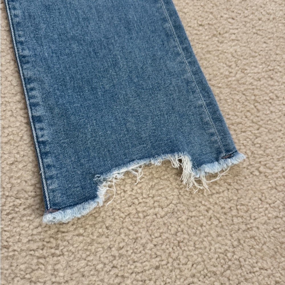 LOFT Medium Wash Blue Flare Jeans with Raw Hem - Picture 6 of 8